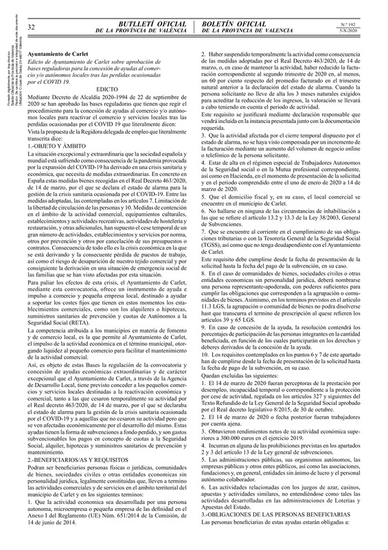 Bases Convocatoria Ayudas Carlet