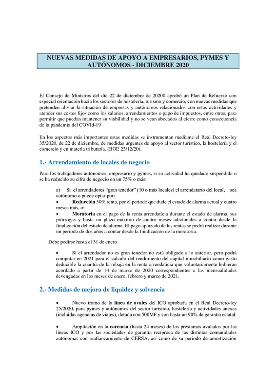 NUEVAS MEDIDAS DE APOYO AUTÓNOMOS Y PYMES DICIEMBRE 2020